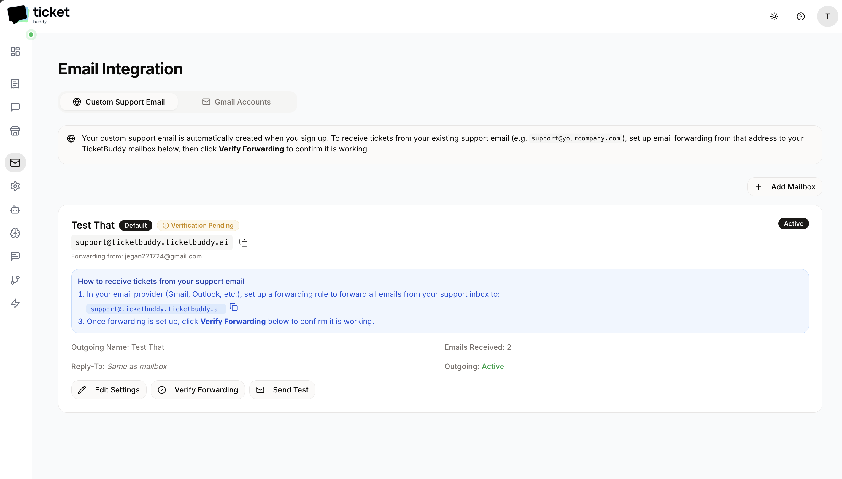 Email integration setup showing custom mailbox creation and forwarding configuration