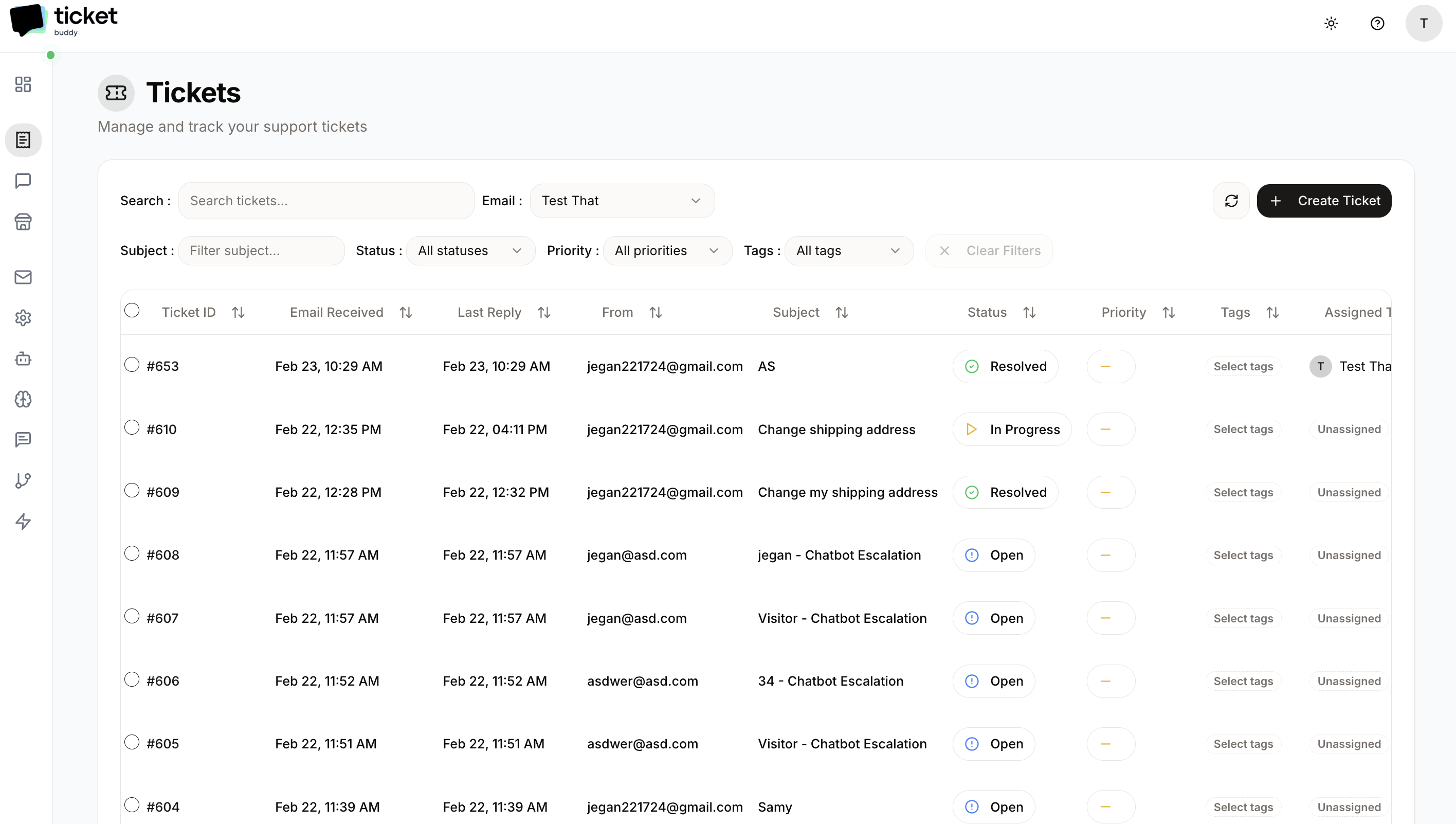 TicketBuddy ticket list showing auto-assigned priorities, tags and statuses