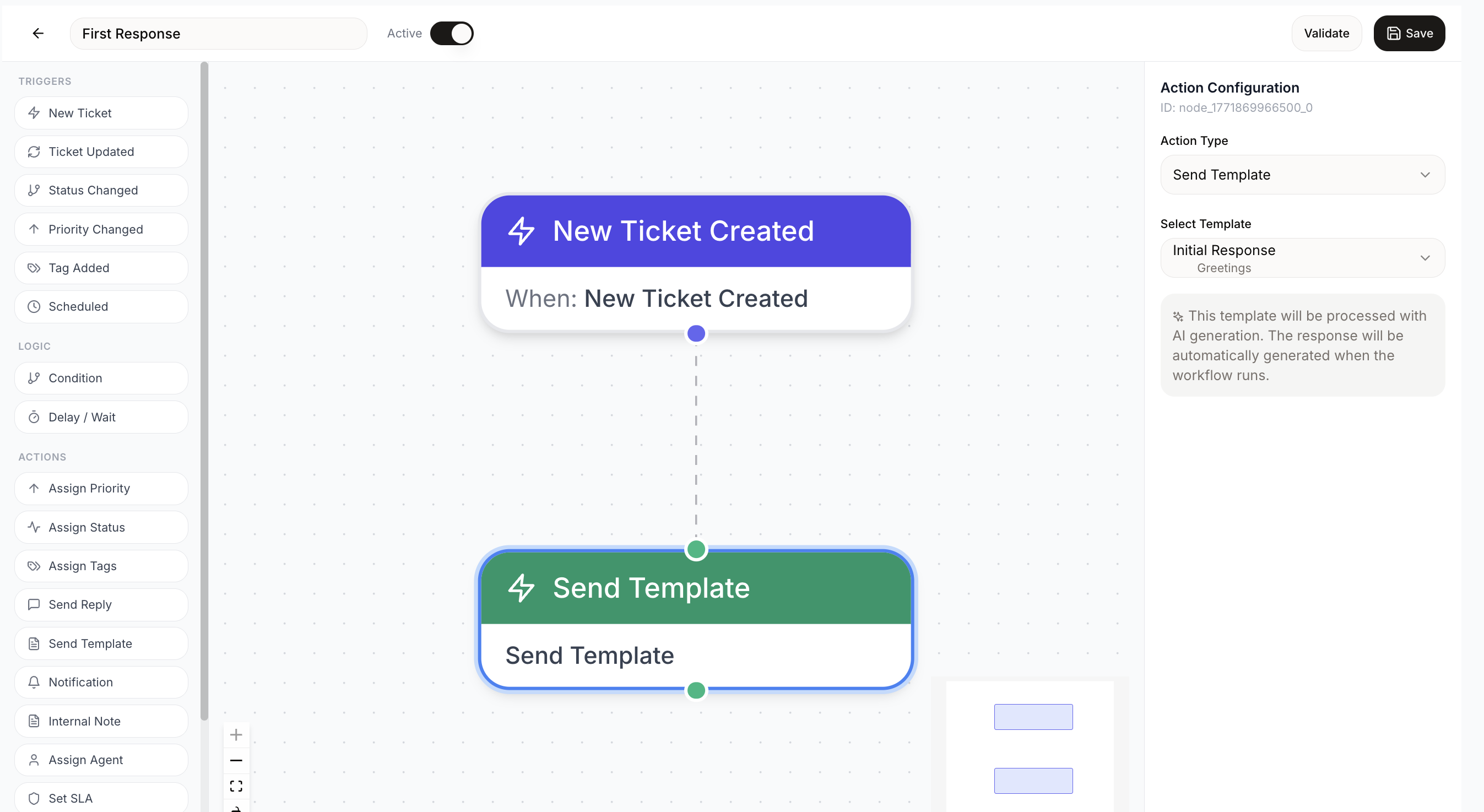 Visual workflow builder with drag-and-drop triggers and actions