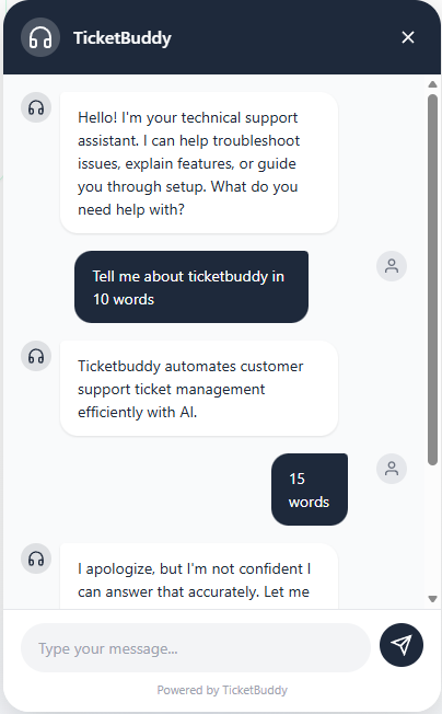 TicketBuddy AI chat widget showing a customer support conversation